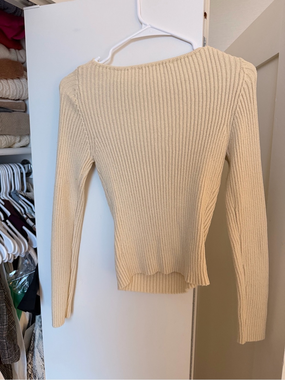 Astr Off-Shoulder Cream Ribbed Cutout Sweater - Picture 3 of 3